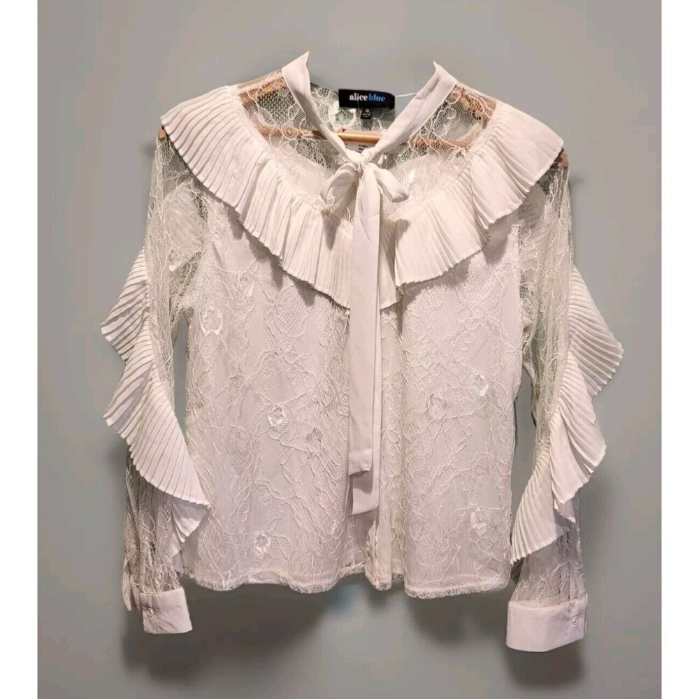 New White Chiffon Lace Ruffle Bow Neck Artsy Western Button Up Top Sz M